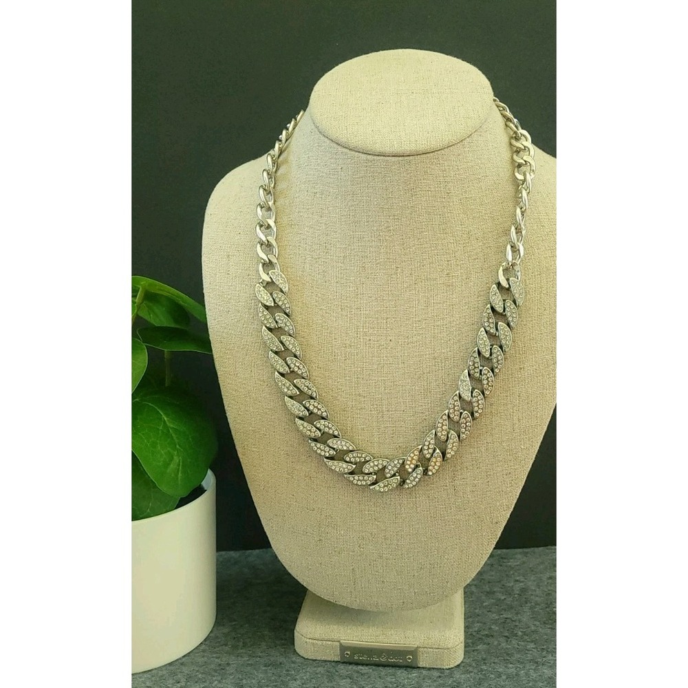 Rhinestone Curb Chain Statement Necklace Silver Tone Chunky 18in